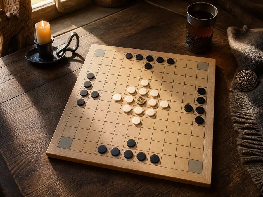 An 11×11 Fetlar Hnefatafl opening with attackers on the edges and the king on the central throne