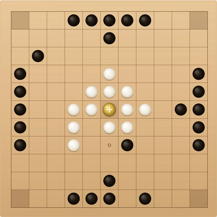 A real Hnefatafl opening after four moves, with black attackers beginning to cover lanes toward the corners