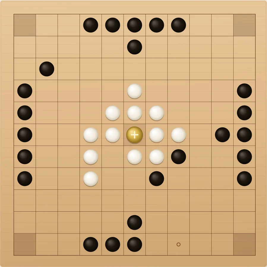 A real Hnefatafl midgame showing defenders shifted away from the throne and attackers pressing from the lower and right sides